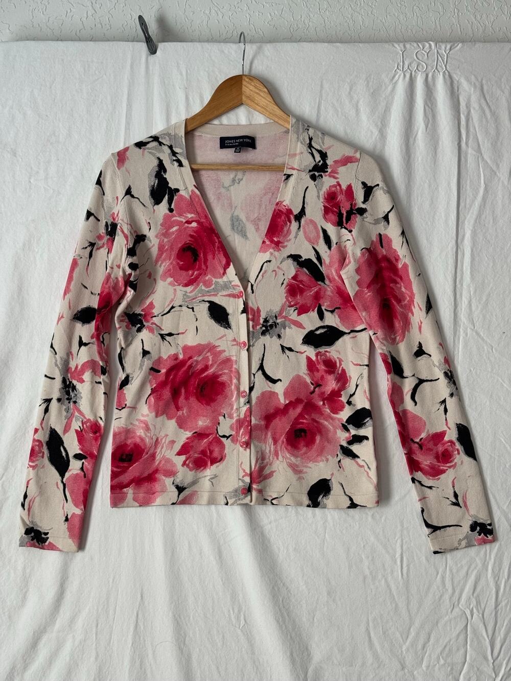 Jones New York Silk Blend Pink Floral Rose Cardigan Long Sleeve Size M